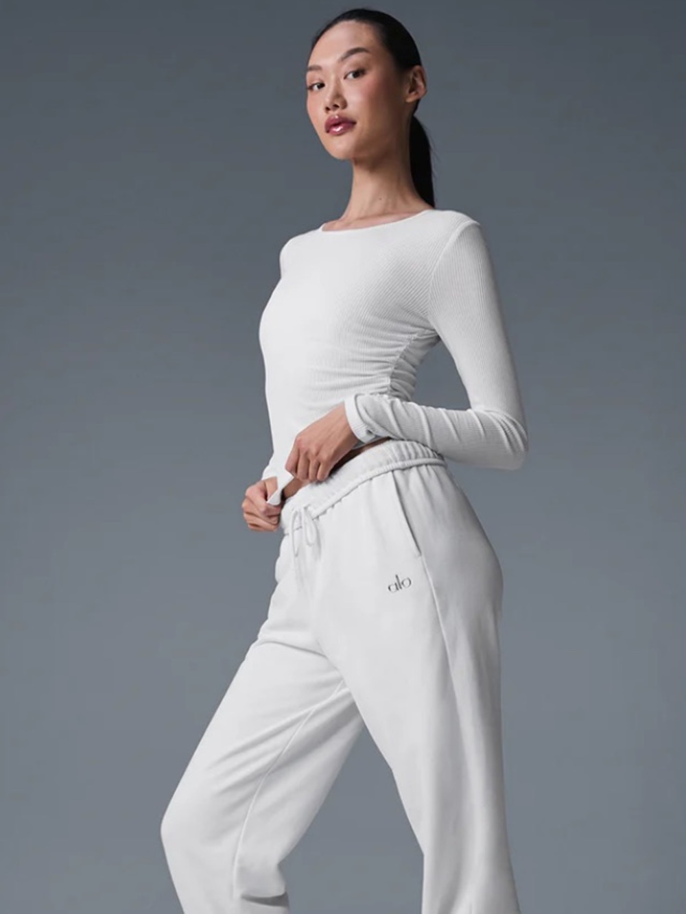 ALO Yoga Gather White Ribbed Long Sleeve Crew Top - Picture 2 of 11